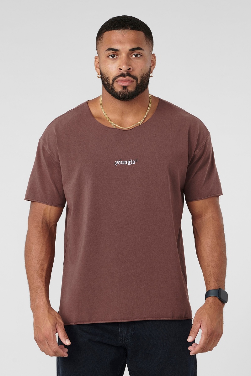 YoungLA 410 - Raw Neck T-shirts Herren Braun | 935-XTRWGZ