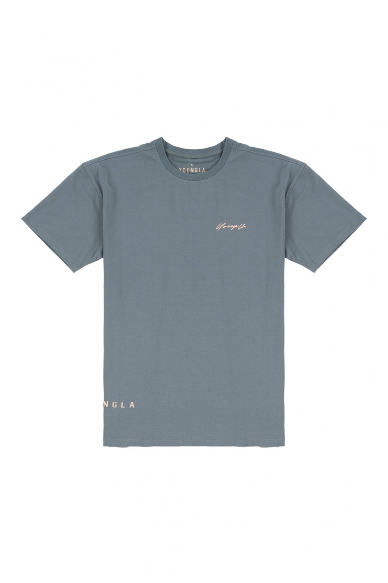 YoungLA 414 Signature T-shirts Herren Blau | 780-SRDIXH