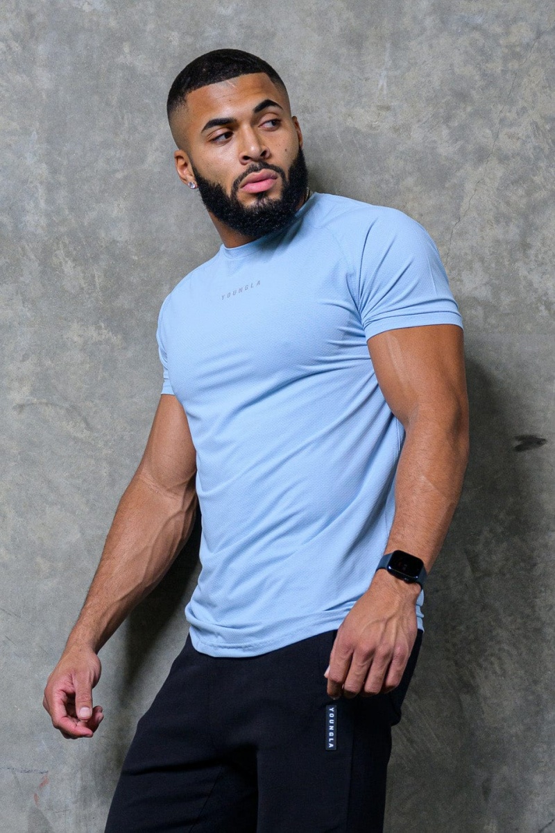 YoungLA 440 Performance Line Kurzes Sleeve Hemd Herren Blau | 057-USXDGY