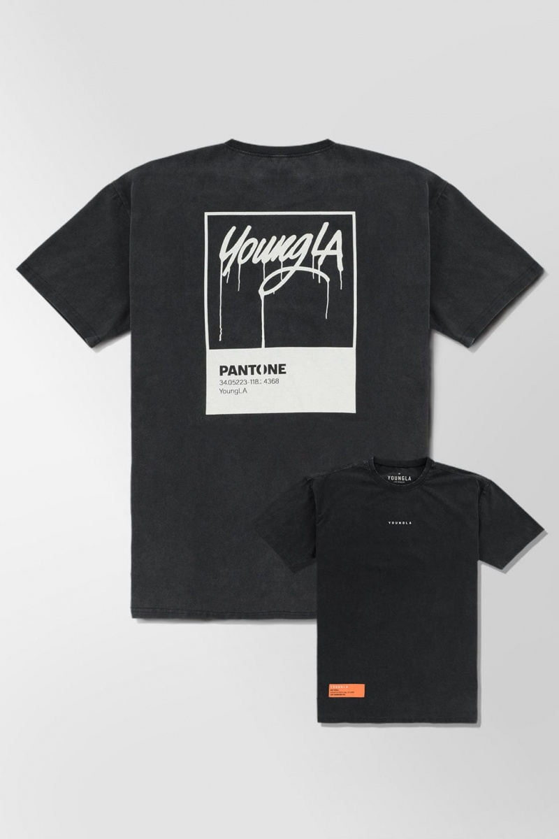 YoungLA 449 Washed Drip T-shirts Herren Schwarz | 156-NBYLRG