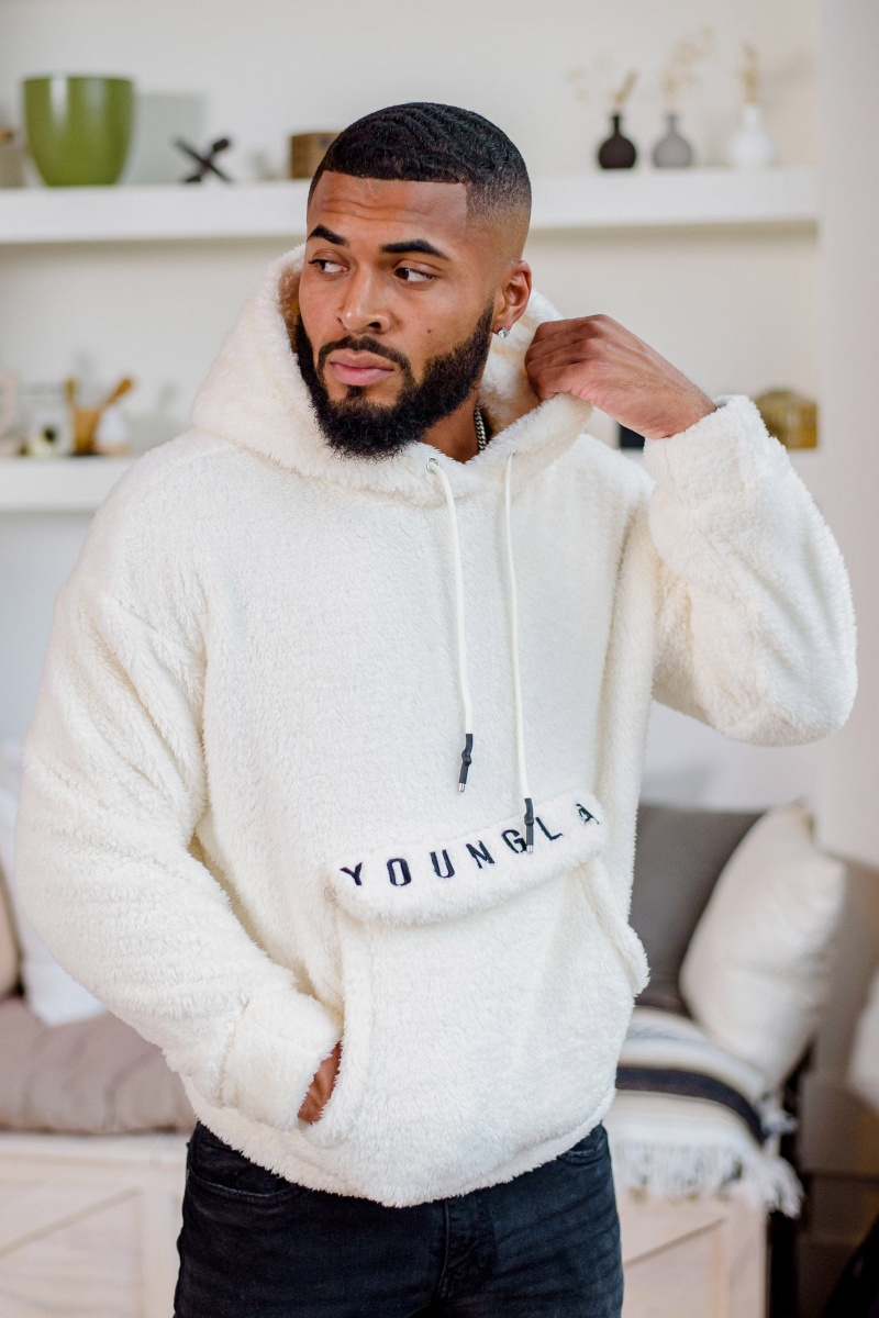 YoungLA 538 Kangaroo Teddy Fleeces Hoodie Herren Weiß | 549-YVRXEF