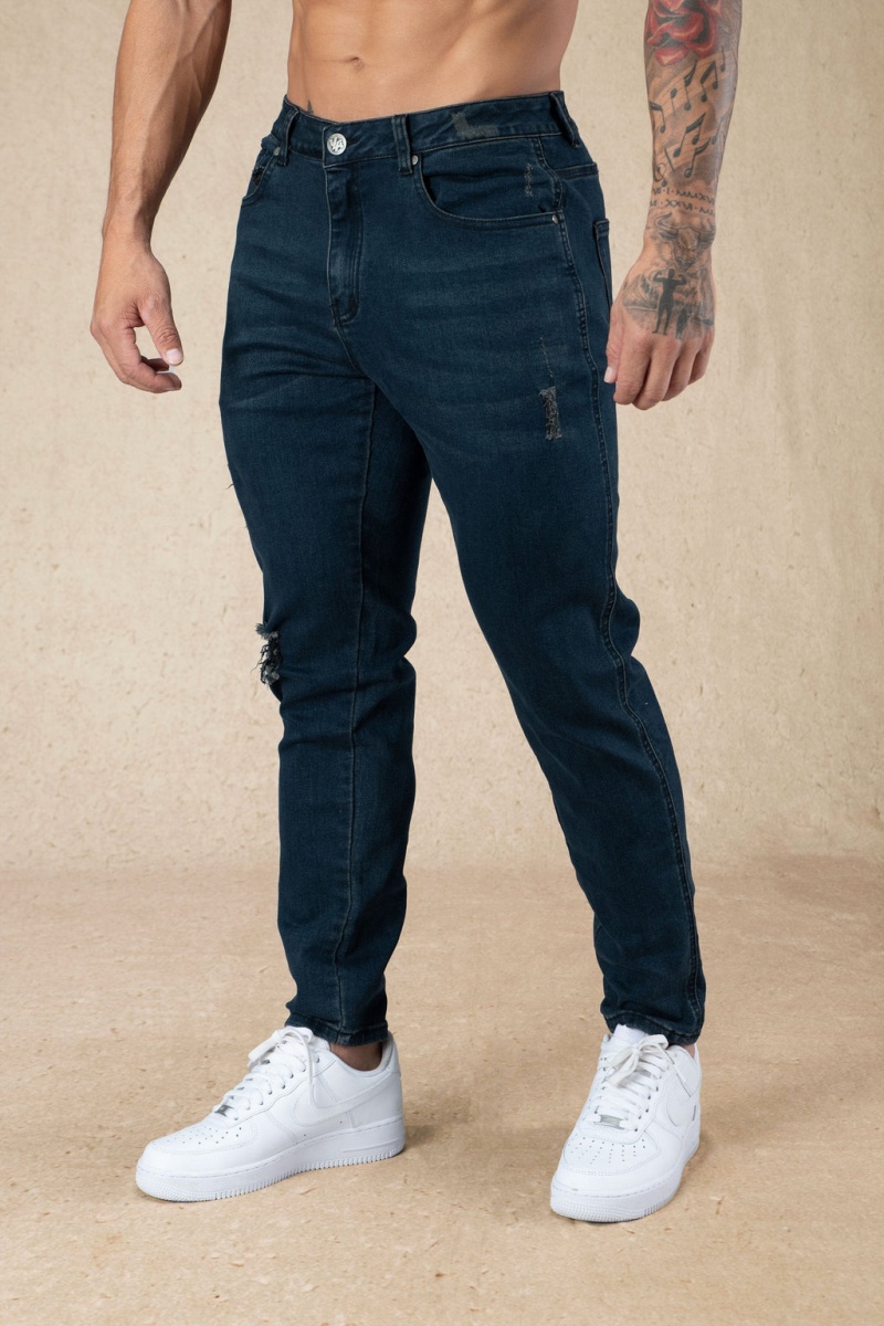 YoungLA 607 Tailored Slim Fit Jeans Herren Navy | 506-AKZSUT