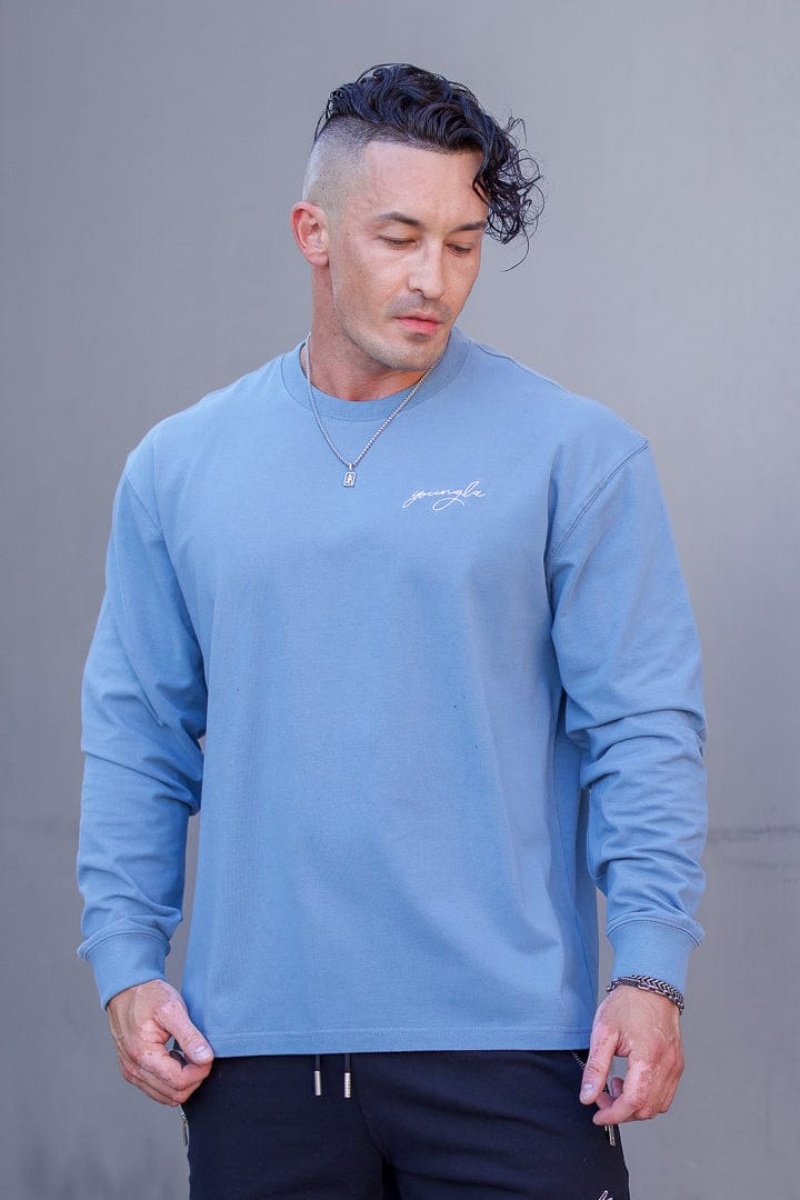 YoungLA 805 Essential Longsleeves Sweatshirt Herren Blau | 846-LYEDMQ