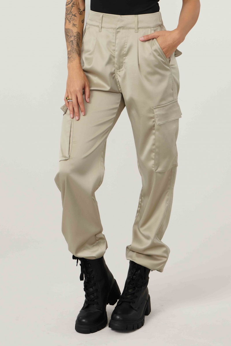 YoungLA W217 Gloria Satin Cargo Jogginghose Damen Beige | 382-OPHYJN