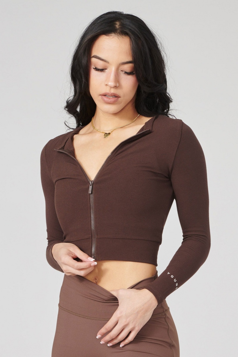 YoungLA W418 Dual Zip Long sleeve Oberteile Damen Braun | 056-TQRXGE